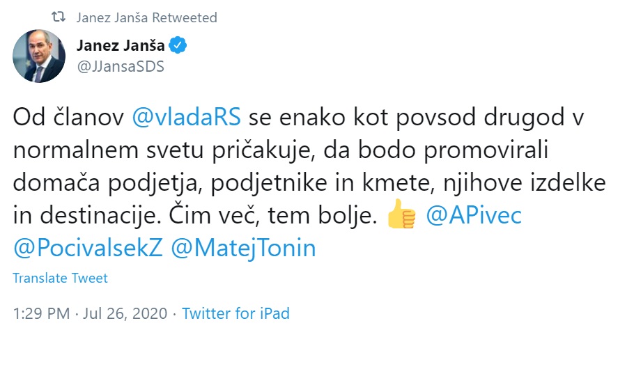 Janša v zapisu na Twitterju pozornost preusmerja na promocijo domačih podjetij