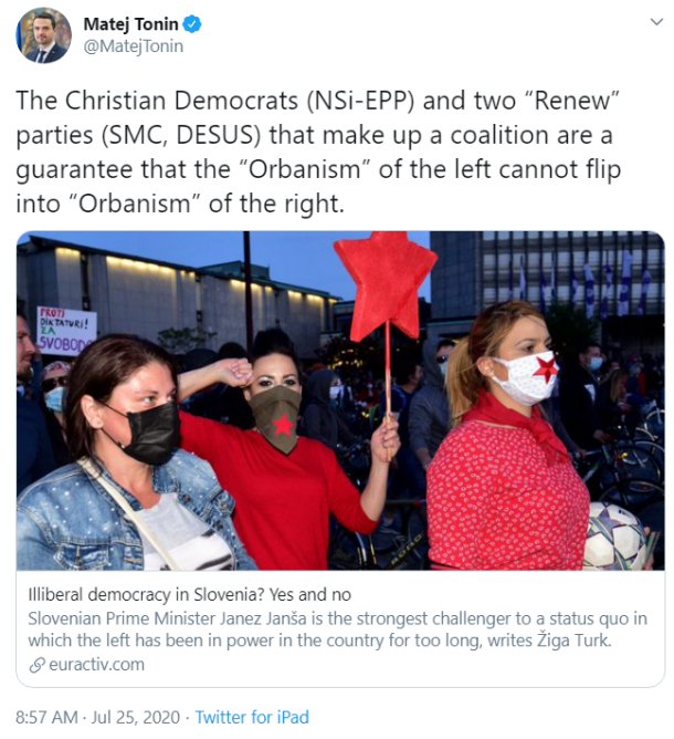 Matej Tonin na Twitterju: Krščanski demokrati (NSi-EPP) in dve stranki »obnove« (SMC, DESUS), ki sestavljata koalicijo, so zagotovilo, da levi orbanizem ne more preiti v desni orbanizem.