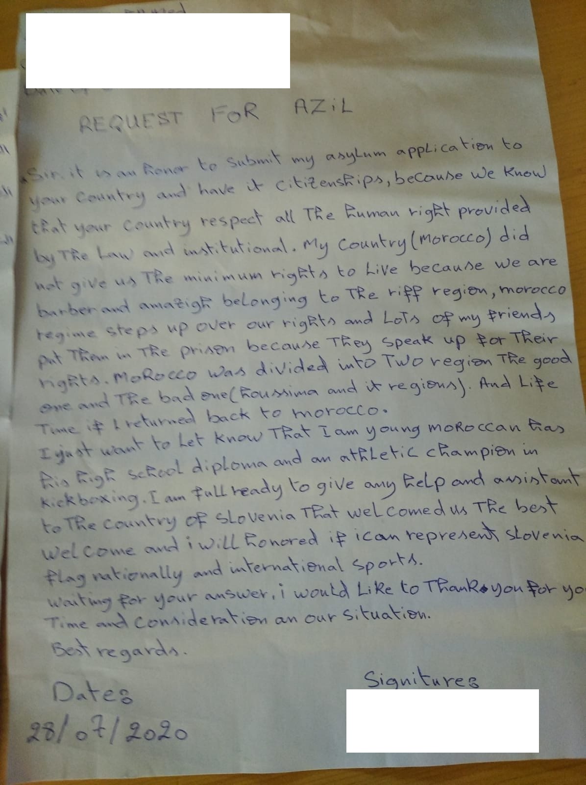 Pismo azilanta (podatke hranimo v uredništvu)