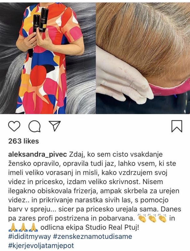 Zapis Aleksandre Pivec na Instagramu o obisku frizerskega salona