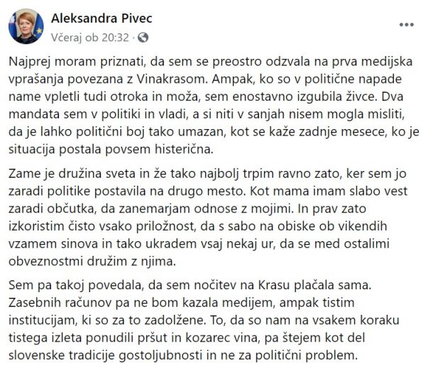 Zapis ministrice na Facebooku