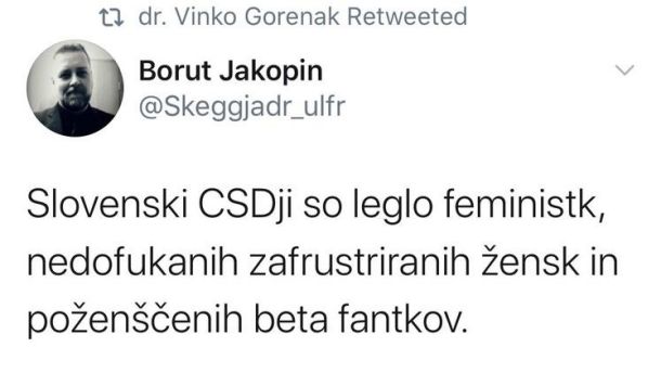 Nedopusten zapis Boruta Jakopina na Twitterju, ki ga je delil tudi Vinko Gorenak