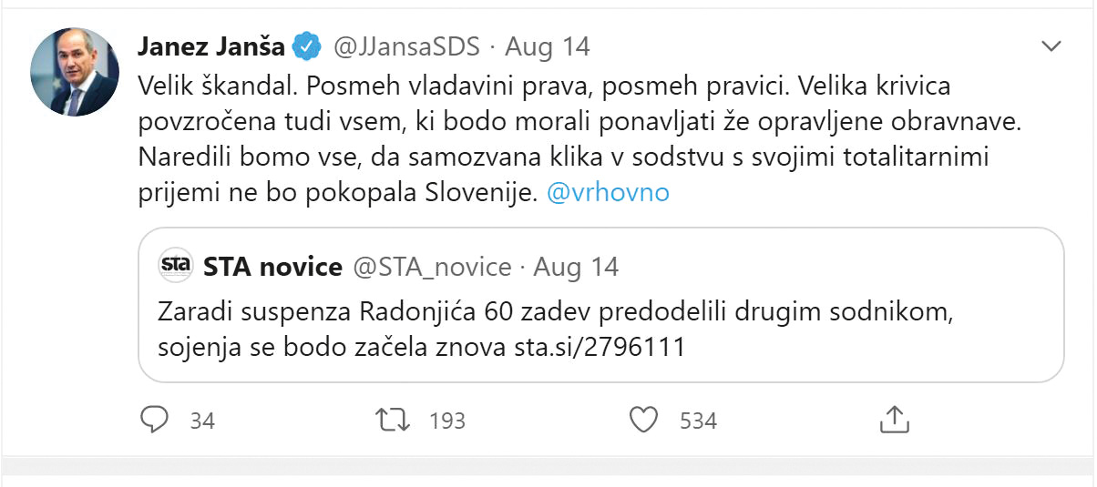 Grozeče sporočilo predsednika vlade Janeza Janše neodvisni sodni veji oblasti. Takšni pritiski so znamenje, da se delitev oblasti v Sloveniji krha.