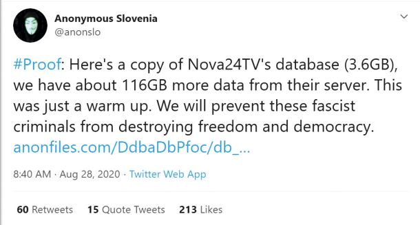 Objava z internetno povezavo, na kateri se nahaja datoteka Nove24TCV