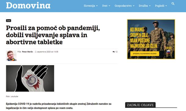 Slovenska vojska oglašuje na internetnih portalih, ki nasprotujejo ustavno zagotovljeni pravici o svobodnem odločanju o rojstvu otrok