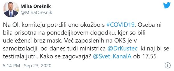 Zapis novinarja Mihe Orešnika na Twitterju