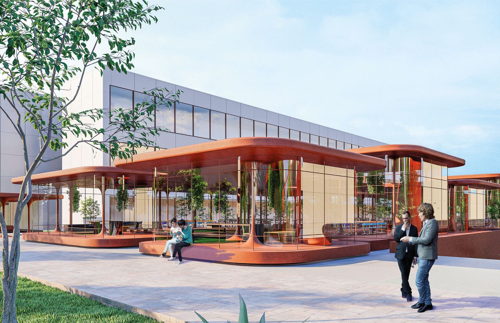 Lahka steklena fasadna opna, obilica zelenja v notranjosti in odprti prostori zabrišejo mejo med delom v pisarni ter delom na prostem.