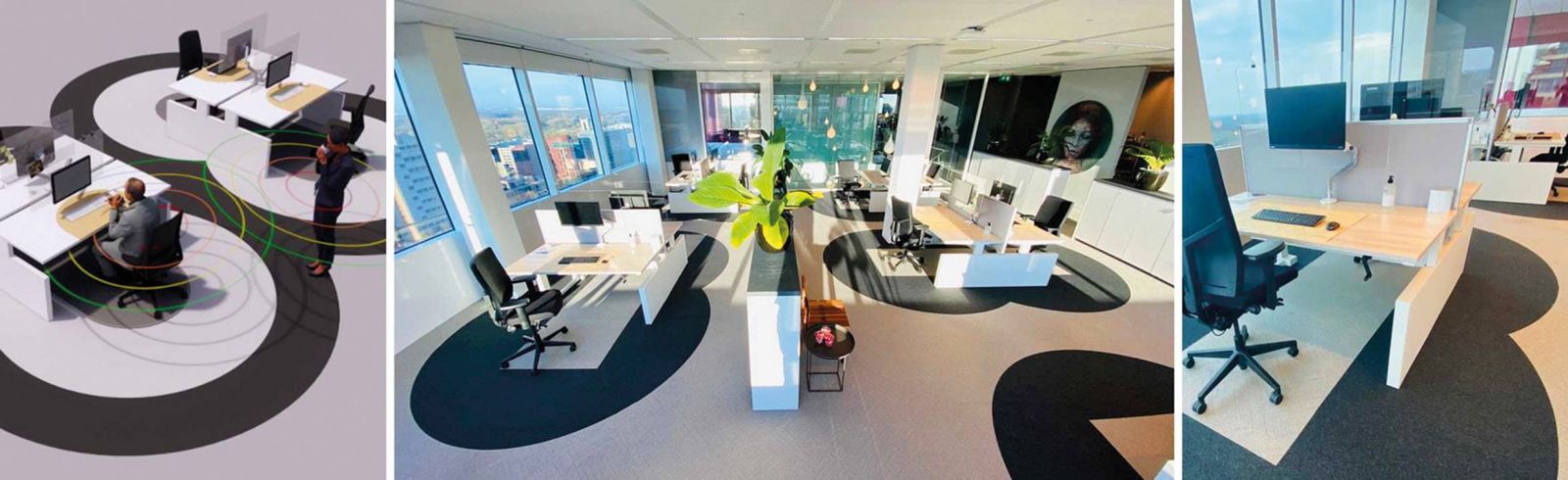 Projekt »The 6-feet office« podjetja Cushman & Wakefield poskuša z oznakami v tlaku zaposlene opozarjati na nujnost ohranjanja primerne razdalje.