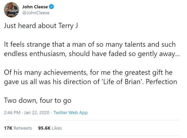 Zapis kolega montypythonovca Johna Cleesea na Twitterju