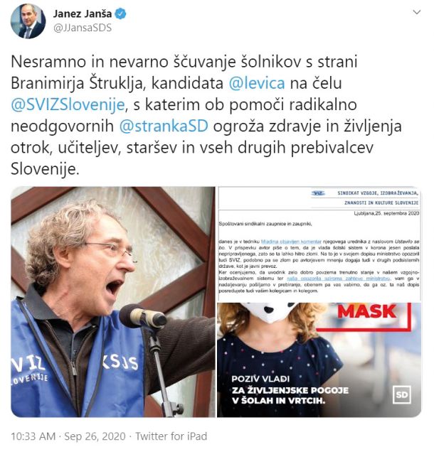 Vlada je najprej zapovedala nošnjo mask v šolah. Nato je Janša napadel vse, ki so si drznili podvomiti o tem ukrepu, na koncu pa je njegova vlada taisti ukrep praktično razveljavila, kljub bistveno slabšim razmeram. 