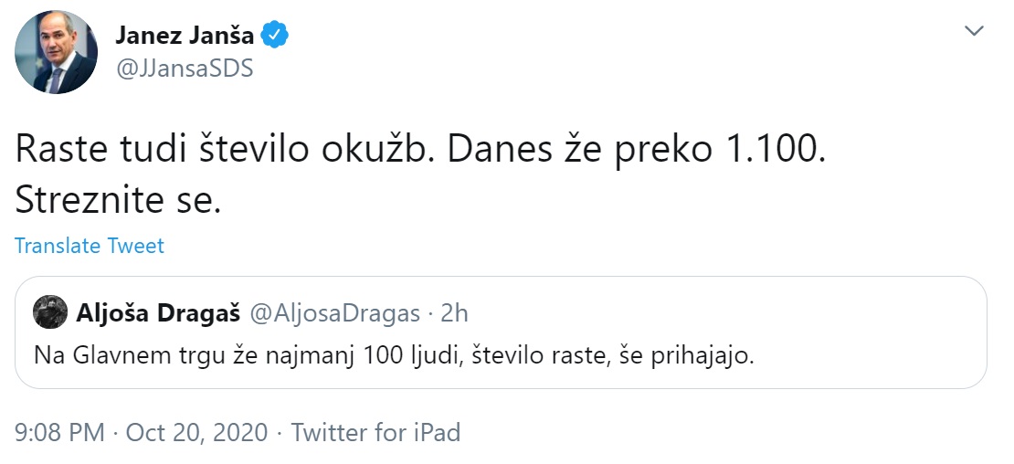 Zapis predsednika vlade RS na Twitterju