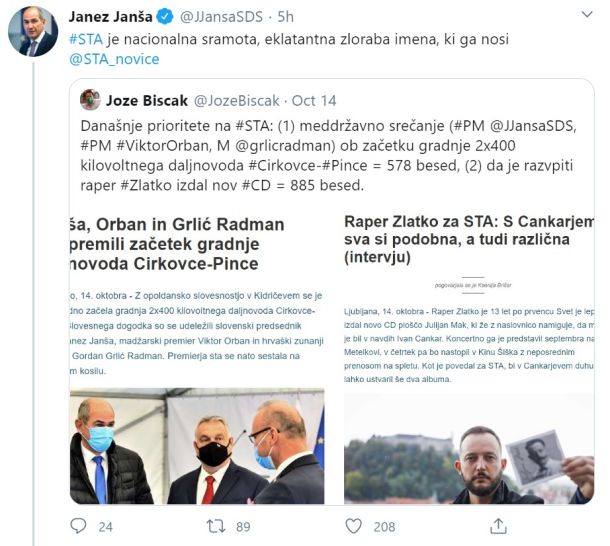 Današnji zapis Janeza Janše na Twitterju