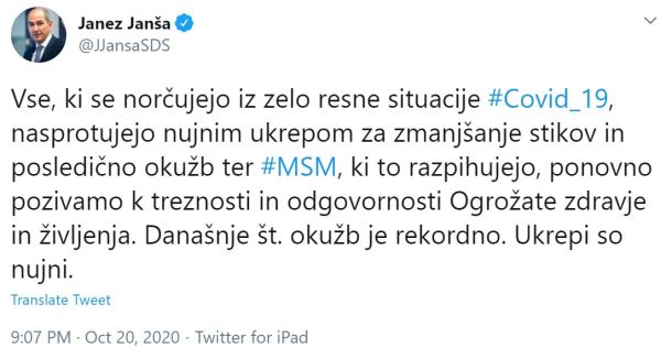 Opozorilo predsednika vlade RS na Twitterju