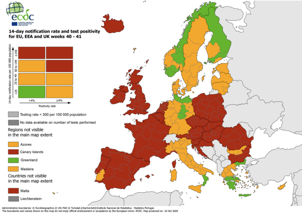 Prvi zemljevid prikazuje države in regije glede na 14-dnevno incidenco in delež pozitivnih testov. Regije, v katerih so od 28. septembra do 11. oktobra potrdili manj kot 25 okužb na sto tisoč prebivalcev in pri tem delež pozitivnih testov ni presegel štirih odstotkov, so obarvane zeleno. Regije z večjo incidenco ali z večjim deležem pozitivnih testov pa so obarvane oranžno ali rdeče.