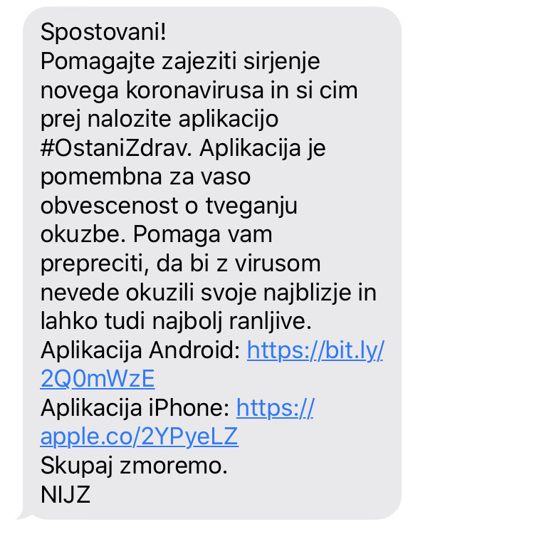 SMS-sporočilo NIJZ, ki so ga te dni prejeli številni državljani in državljanke. Na inštitutu pa opozarjajo, da krožijo tudi lažna SMS-sporočila, ki jih ne pošiljajo oni.