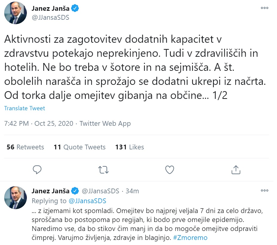 Današnja objava predsednika vlade RS na Twitterju