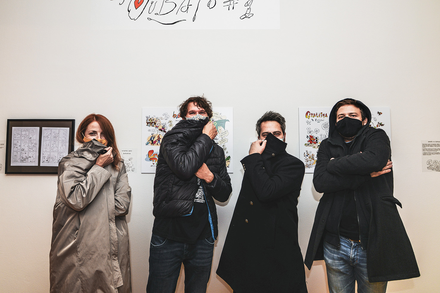 Tanja Komadina, Igor Šinkovec, David Krančan, Matej DeCecco na razstavi Lewis Trondheim in Pijani zajci; TINTA 2020, MSUM, LJ | Anže Buh