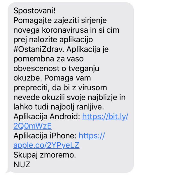 SMS-sporočilo NIJZ, ki so ga te dni prejeli številni državljani in državljanke. Na inštitutu pa opozarjajo, da krožijo tudi lažna SMS-sporočila, ki jih ne pošiljajo oni.