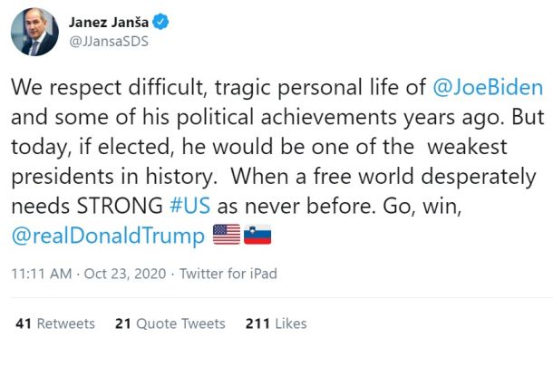 Današnji zapis Janeza Janše na Twitterju