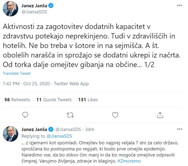 Današnja objava predsednika vlade RS na Twitterju