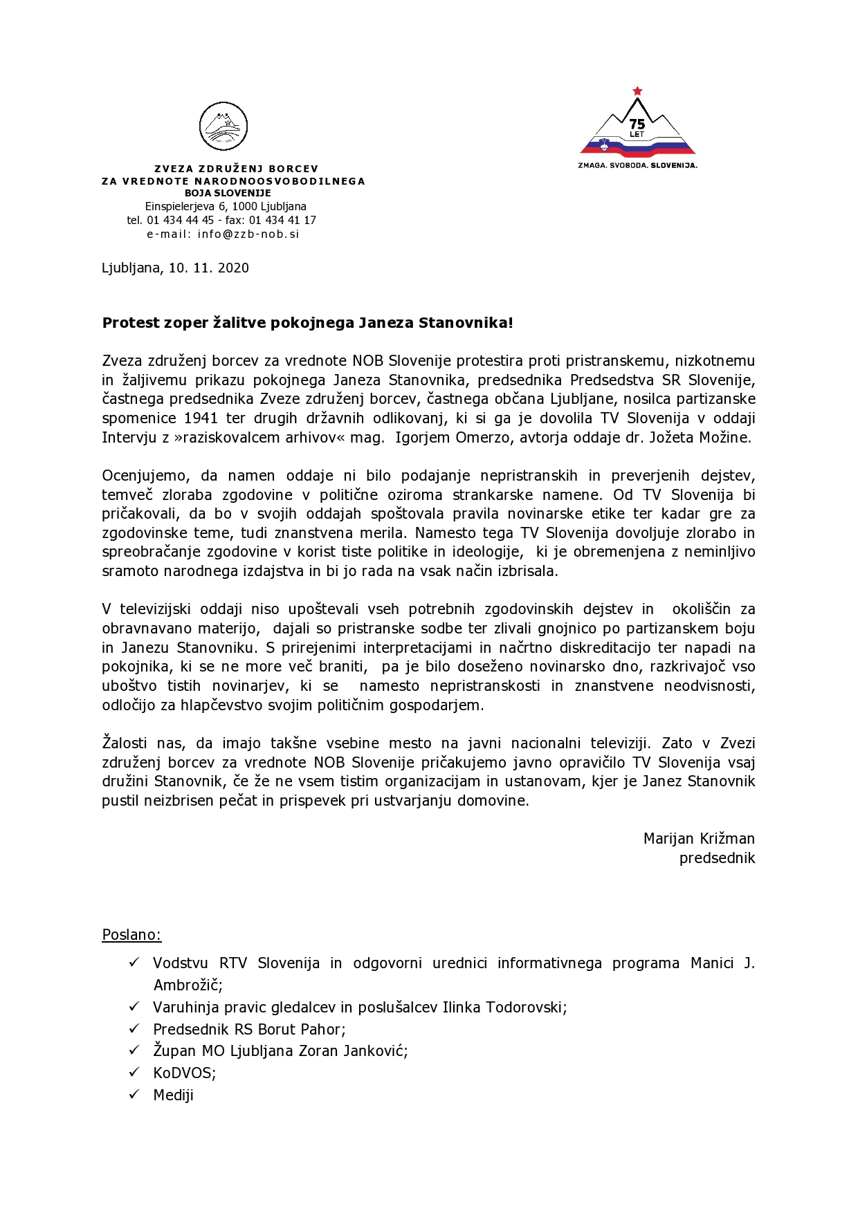 Javno pismo Marijana Križmana, predsednika ZZB NOB