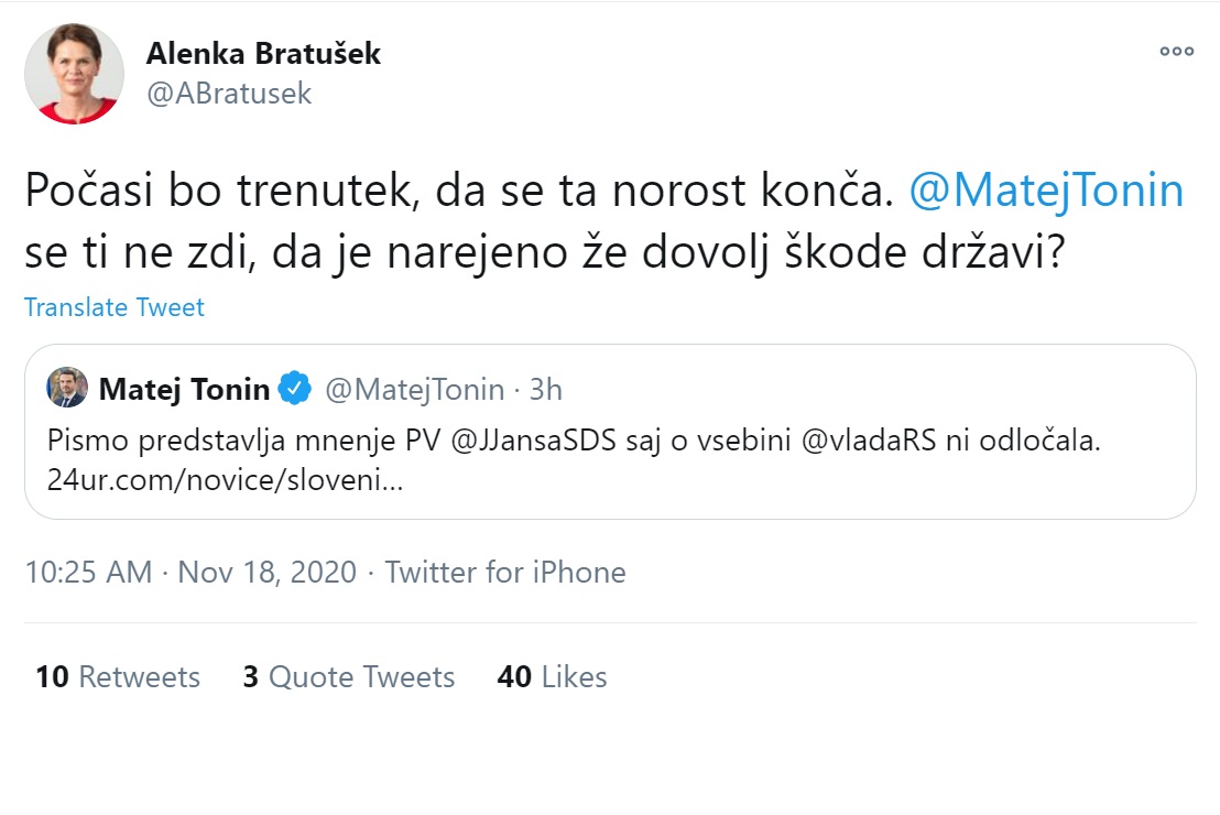 Bratušek: »Tonin, se ti ne zdi, da je narejeno že dovolj škode državi?«