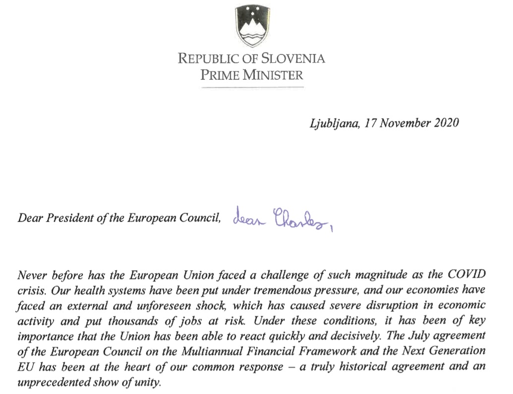 Začetek pisma predsednika vlade RS voditeljem EU