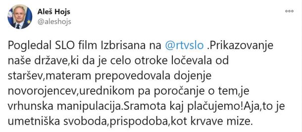 Tvit notranjega ministra in glavnega filmskega financerja ter poznavalca umetnosti Aleša Hojsa