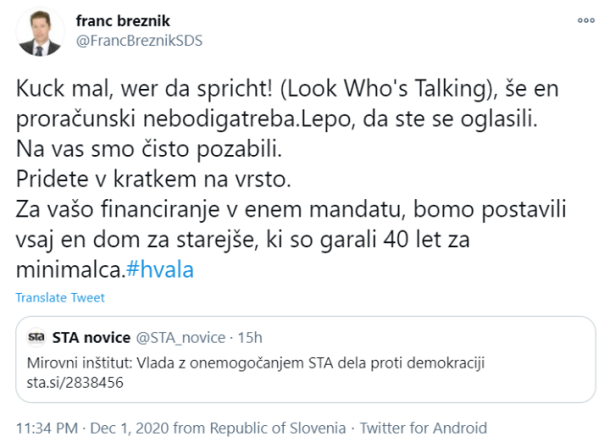 Zapis poslanca SDS na Twitterju