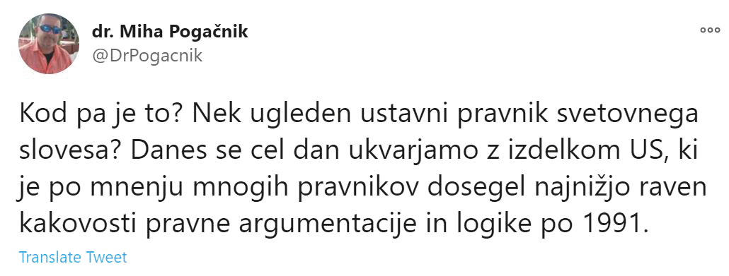 Komentar vodje vladne službe za zakonodajo Mihe Pogačnika k odločitvi ustavnega sodišča in odzivu opozicije, ki je vladi očitala nespoštovanje ustavnih pravnih načel.