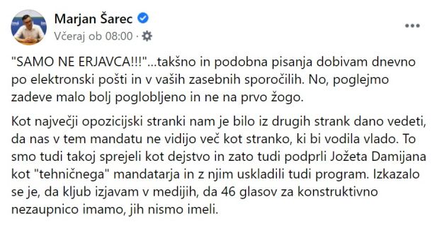 Zapis Marjana Šarca na Facebooku