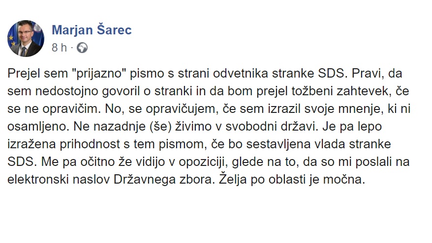 SDS Šarcu grozi s tožbo