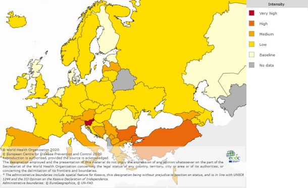 Prikaz intenzivnosti gripe v evropskih državah v četrtem tednu letošnjega leta / Vir: ECDC
