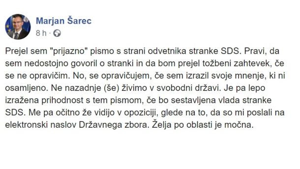 Objava Marjana Šarca na Facebooku