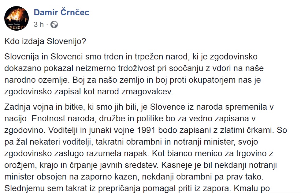 Damir Črnčec danes o SDS in Janši na Facebooku
