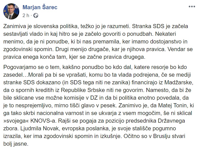 Šarčev današnji zapis na Facebbooku