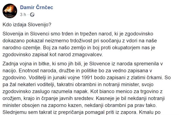 Damir Črnčec danes o SDS in Janši na Facebooku 