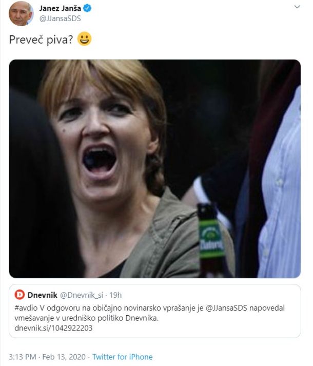 Janša o novinarki Meti Roglič včeraj na Twitterju