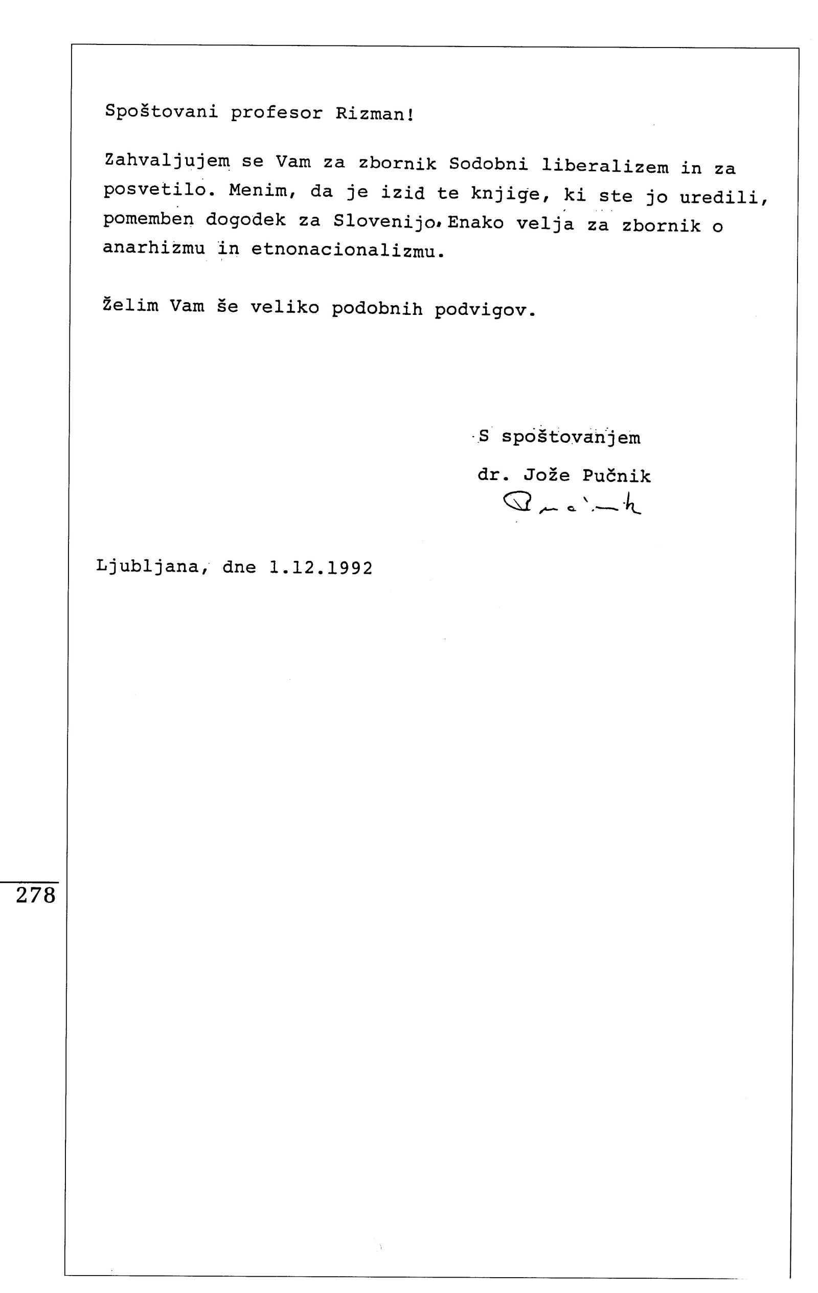 Prijazno pismo Jožeta Pučnika Rizmanu iz leta 1992