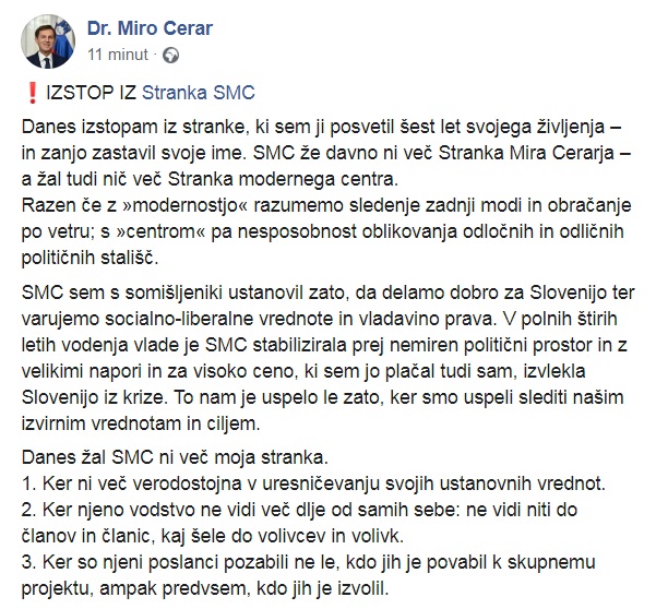 Cerarjevo sporočilo na Facebooku