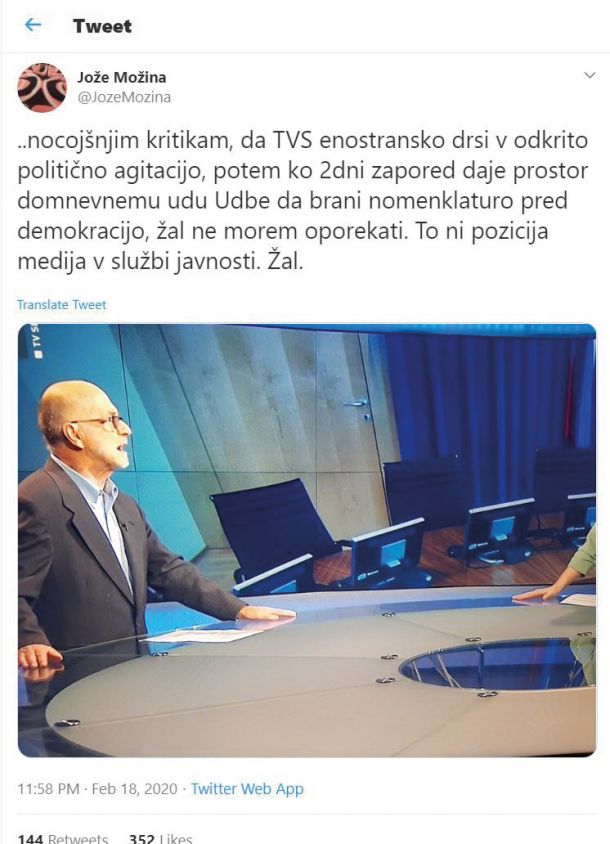 Sramotilni twit novinarja in nekdanjega direktorja TV Slovenija Jožeta Možine o tem, kako je bil Rizman nekoč »ud Udbe«. Možino je zmotilo, da naj bi Rizman dobil več prostora kot Janši naklonjeni poslanec Jože Jerovšek, pa četudi je Rizman predstavljal pismo, ki ga je podpisalo 75 (sedaj že 120) uglednih posameznikov.
