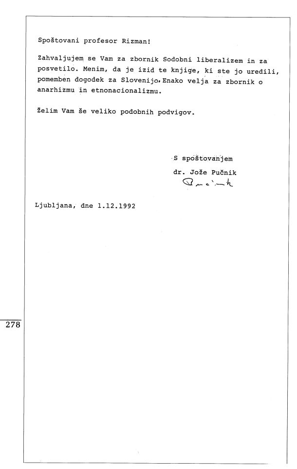 Prijazno pismo Jožeta Pučnika Rizmanu iz leta 1992
