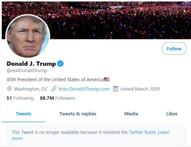 Trumpov račun na Twitterju je začasno blokiran. Če bo s tovrstnim obnašanjem nadaljeval, mu ga bodo blokirali permanentno. 