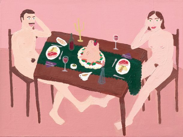 Na sliki Večerja se gola zaljubljenca mastita z razkošno pečenko.