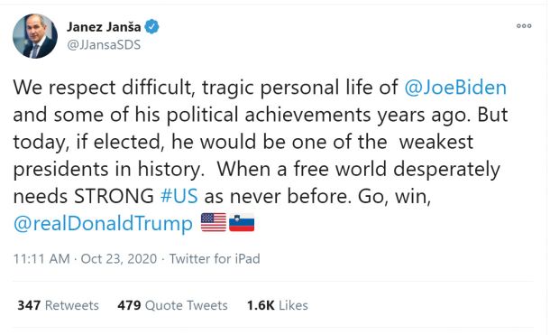 anez Janša je nekaj dni pred volitvami v ZDA javno podprl Donalda Trumpa. Joe Biden je zanj »šibek« predsednik. Še dolgo po novembrskih volitvah je Janša vztrajal, da so bile te nepoštene.