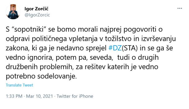 Predsednik parlamenta Igor Zorčič je v skladu s svojim tvitom na zadnji seji sveta SMC predlagal, naj se stranka odločneje opredeli do SDS v primeru tožilcev in STA. Počivalšek ni predloga uvrstil niti na dnevni red.