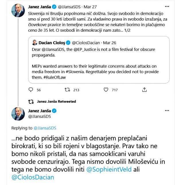 Odgovor Janeza Janše na pisanje evropskega poslanca, nekdanjega predsednika romunske vlade Daciana Ciolosa. 