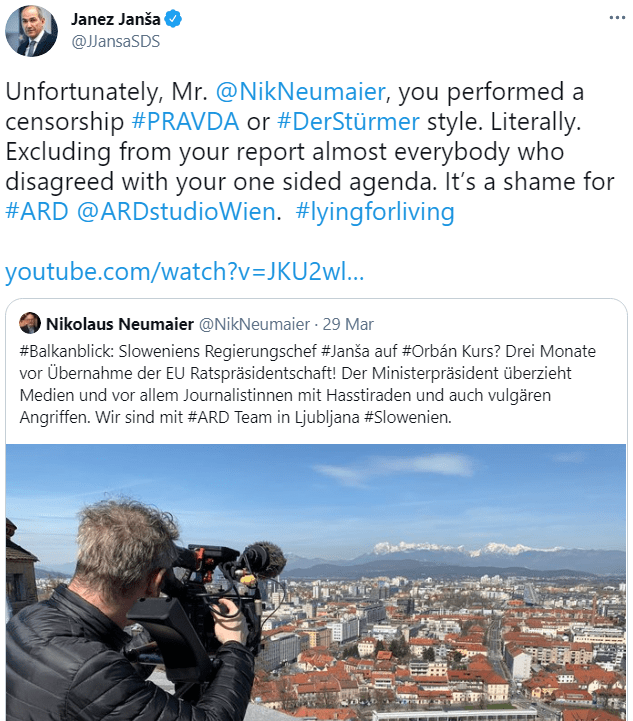 Janšev tvit, v katerem napade dopisnika ARD