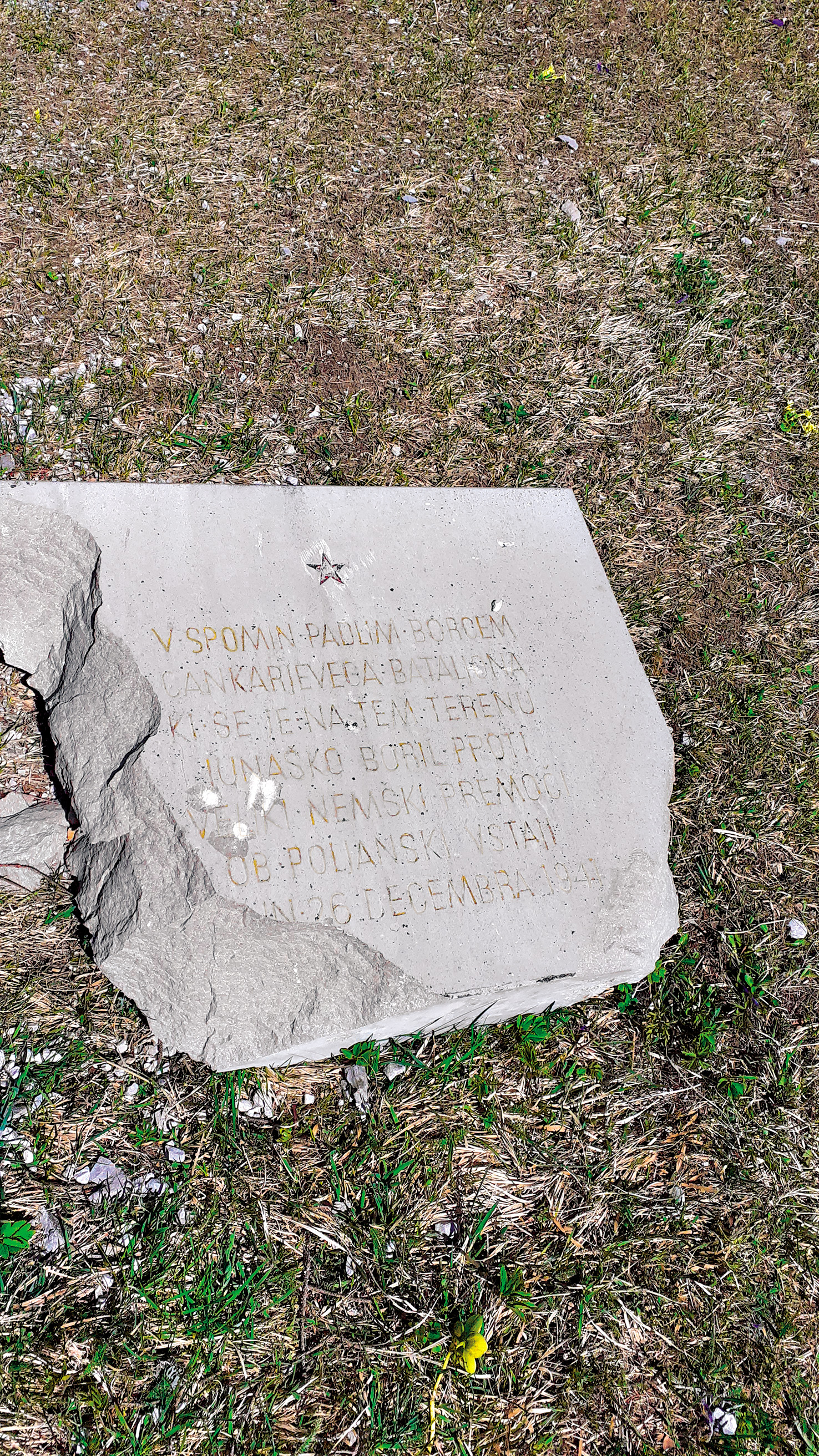 Napis na razbiti plošči je govoril o borcih Cankarjevega bataljona, ki so se na Pasji ravni konec decembra 1941 spopadli z Nemci.