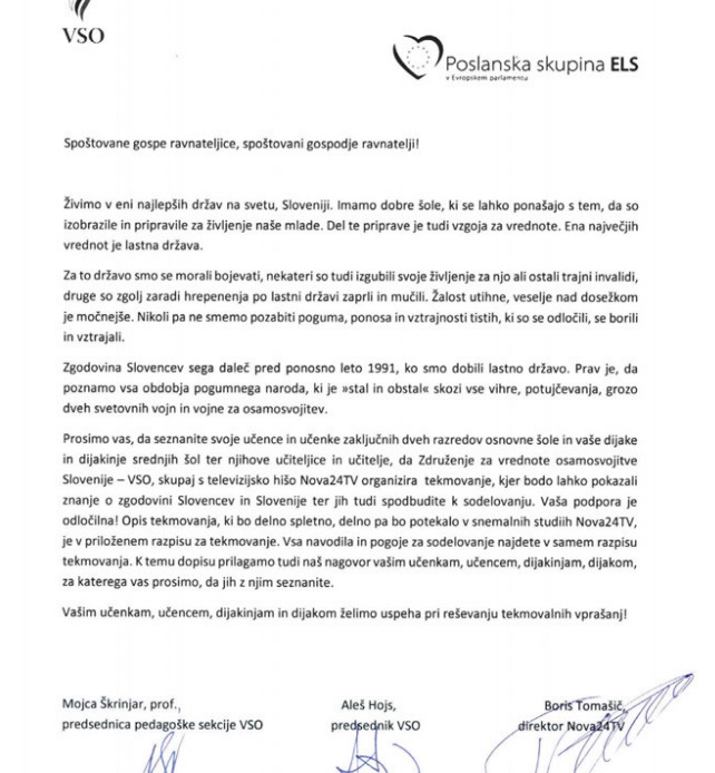 Vabilo ravnateljicam in ravnateljem, iz katerega je lepo razvidno, da pri kvizu sodelujejo politična institucija – poslanska skupina Evropske ljudske stranke –, pomembni predstavniki SDS in Nova24TV, televizija v madžarski lasti, ki je naklonjena izključno SDS